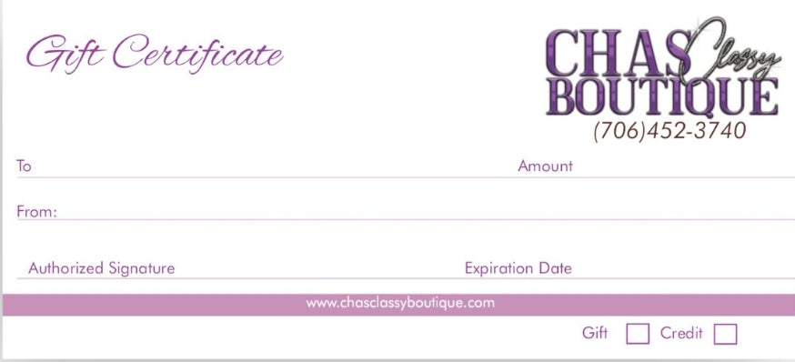 Chas Classy Boutique Gift Certificate